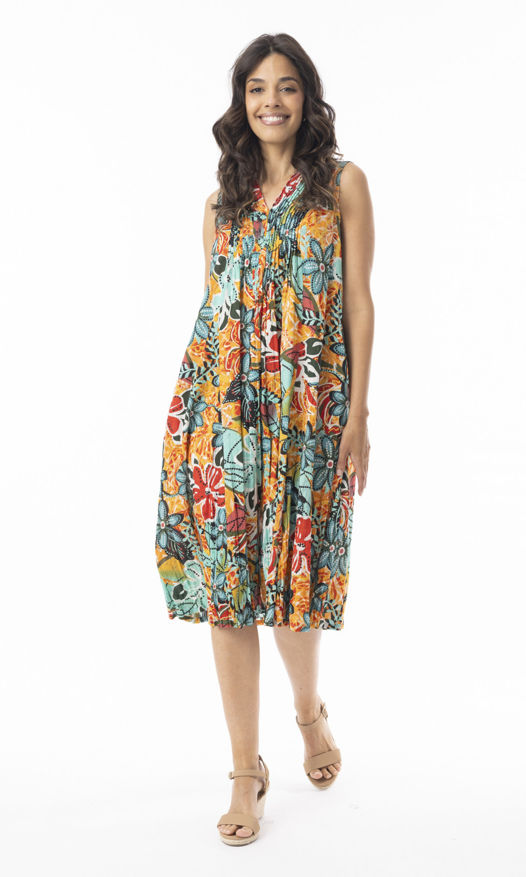 Cotton Dress Ruched V Neck Sleeveless Guaratiba