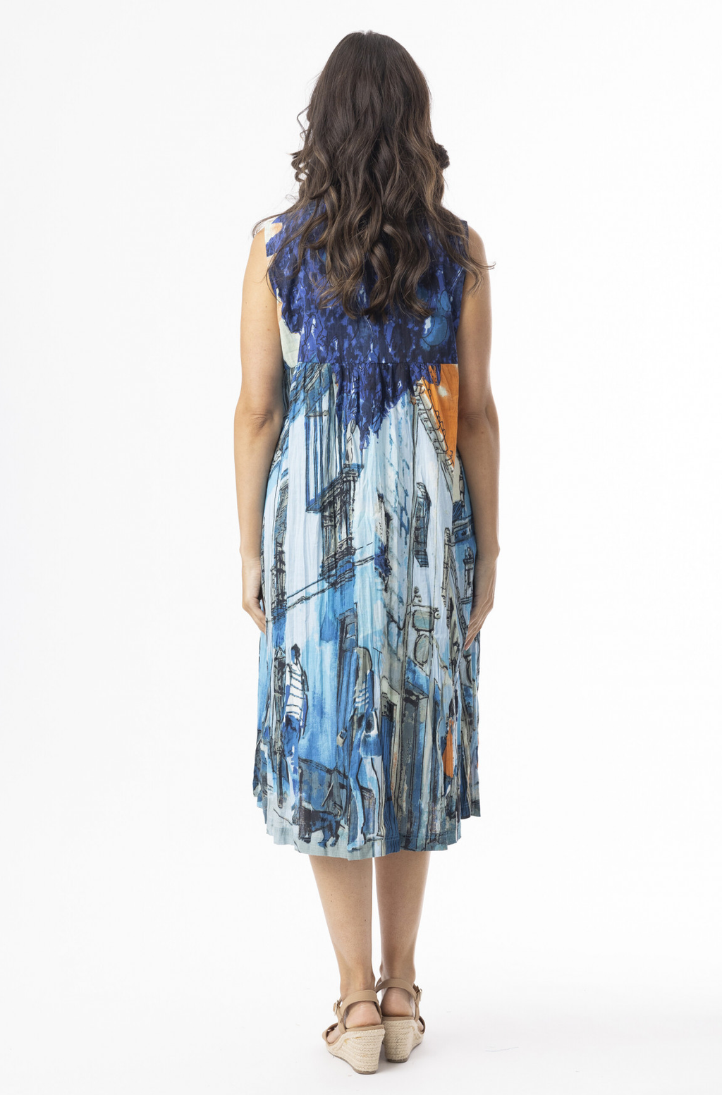 Cotton Dress V Neck Pleated Tower Blue