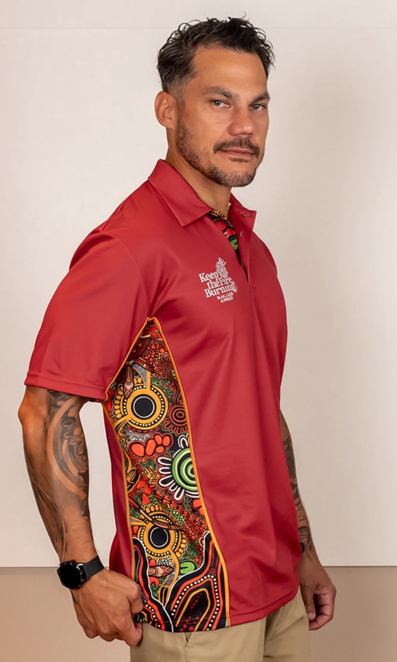 NAIDOC 2024 Aboriginal Art Unisex Ochre Red Bamboo Polo Proud & Deadly