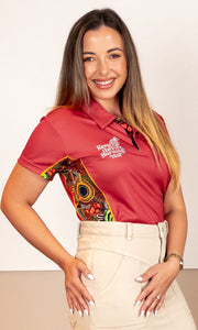 NAIDOC 2024 Aboriginal Art Ladies Fitted Ochre Red Bamboo Polo Proud & Deadly