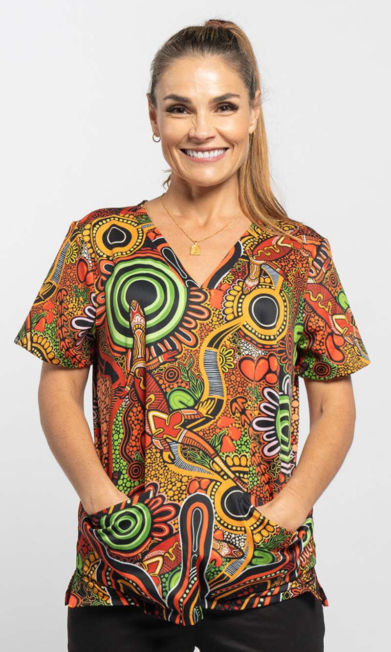 Aboriginal Art Ladies Three Pocket Scrub Top Proud & Deadly