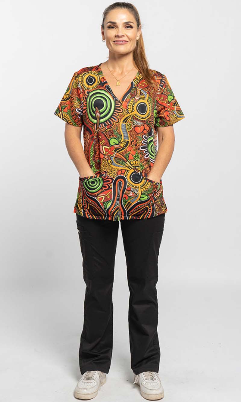 Aboriginal Art Ladies Three Pocket Scrub Top Proud & Deadly