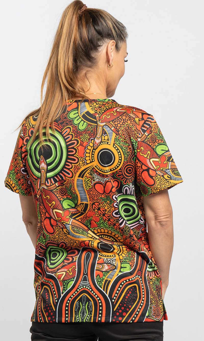 Aboriginal Art Ladies Three Pocket Scrub Top Proud & Deadly