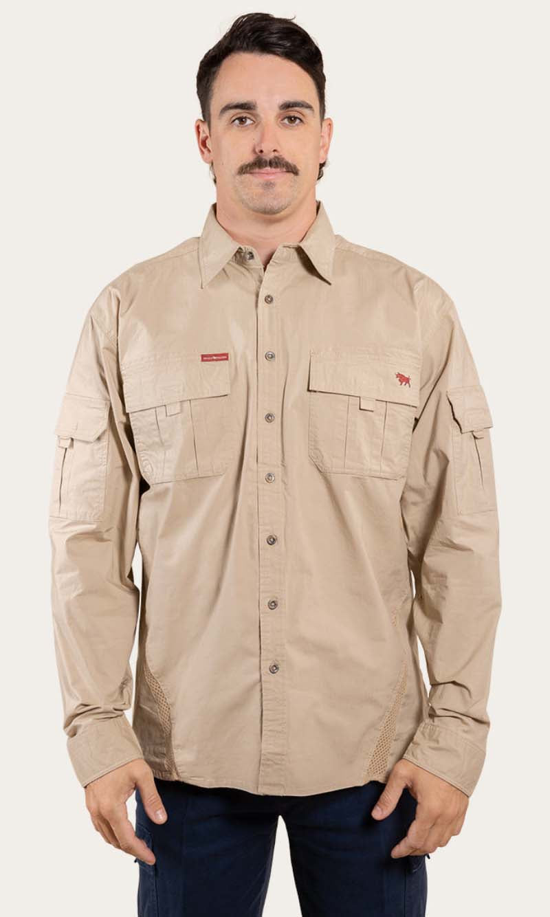 Pilbara Mens Ripstop Full Button Work Shirt Camel