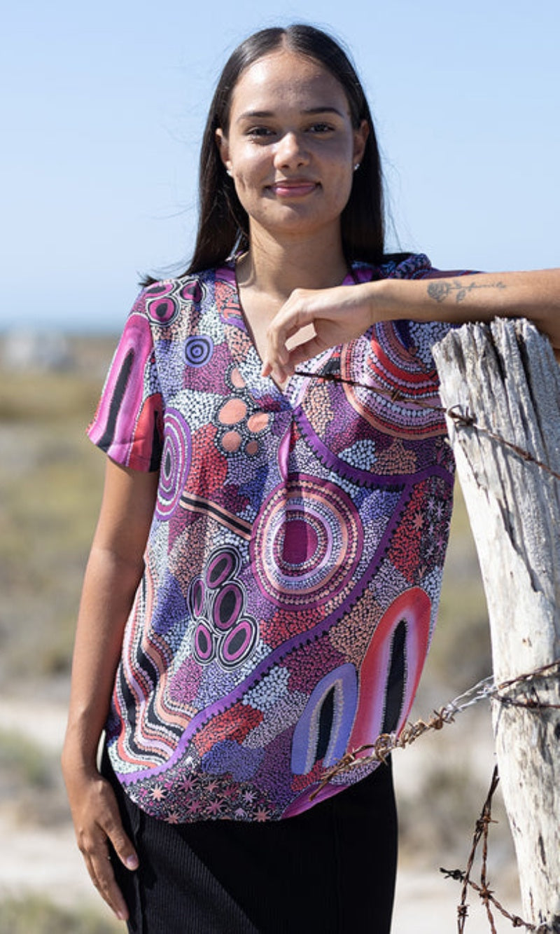 Aboriginal Art Women's V Neck Blouse Short Sleeve Pink Colours