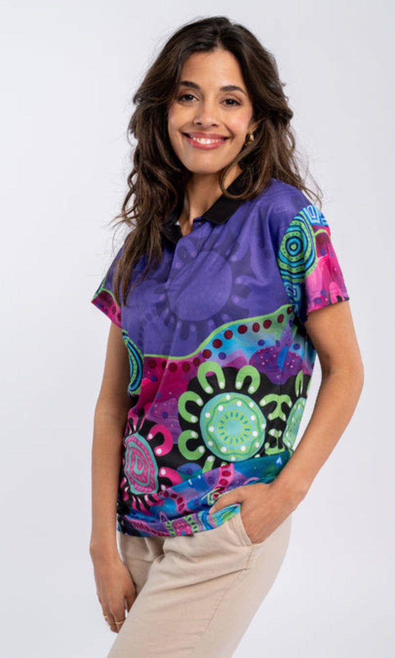 Aboriginal Art Ladies Fitted Polo Side By Side Essence