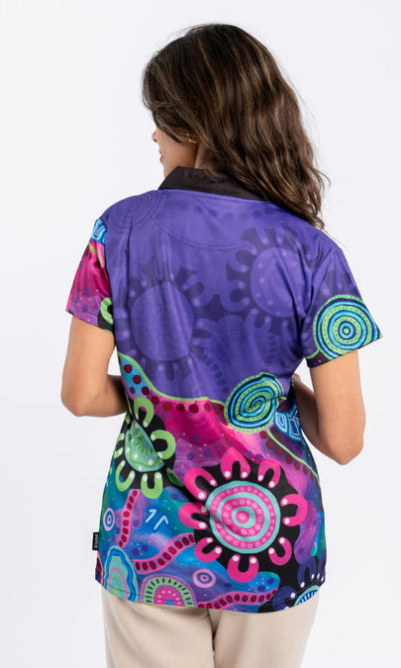 Aboriginal Art Ladies Fitted Polo Side By Side Essence