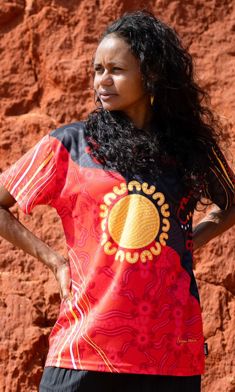 Aboriginal Art Ladies Fitted Polo Sun Soaked Aboriginal Flag