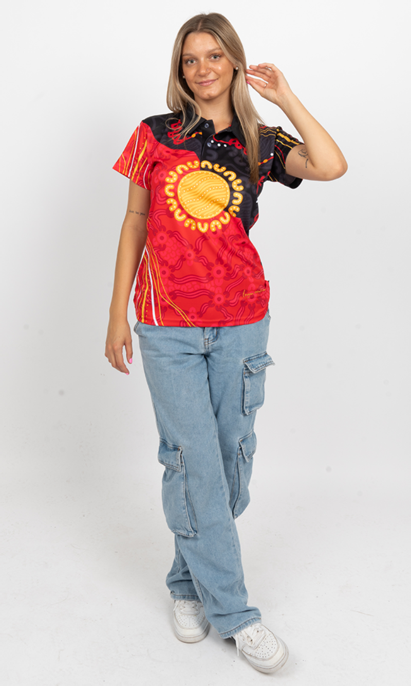 Aboriginal Art Ladies Fitted Polo Sun Soaked Aboriginal Flag