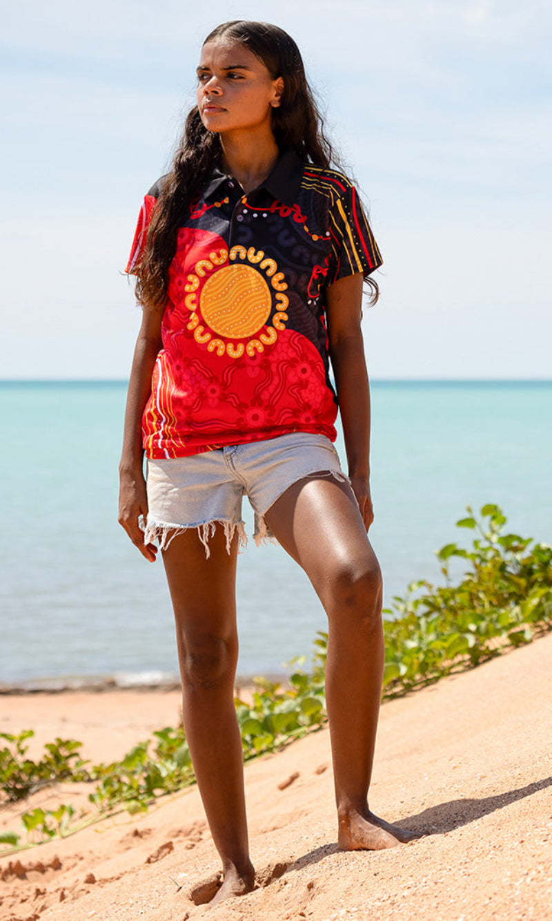 Aboriginal Art Ladies Fitted Polo Sun Soaked Aboriginal Flag