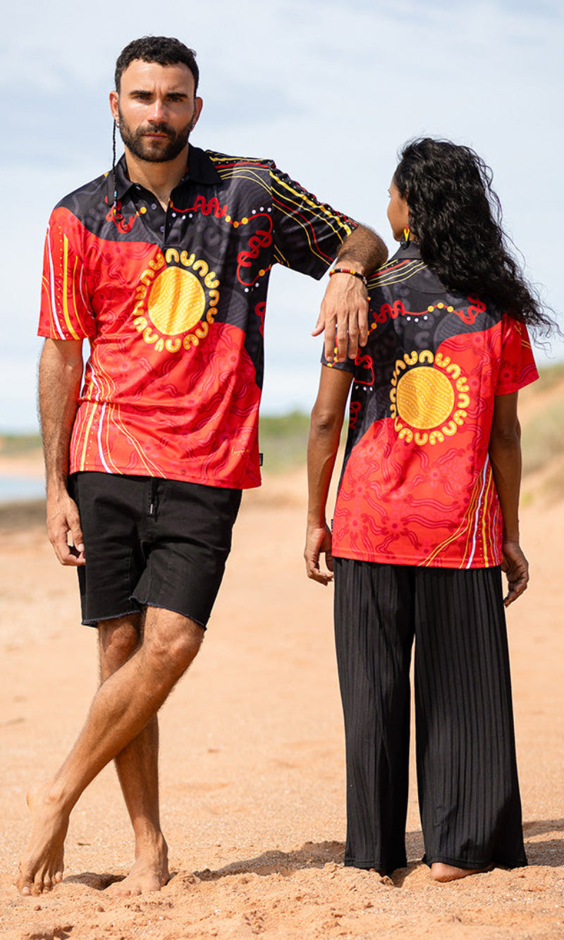 Aboriginal Art Ladies Fitted Polo Sun Soaked Aboriginal Flag