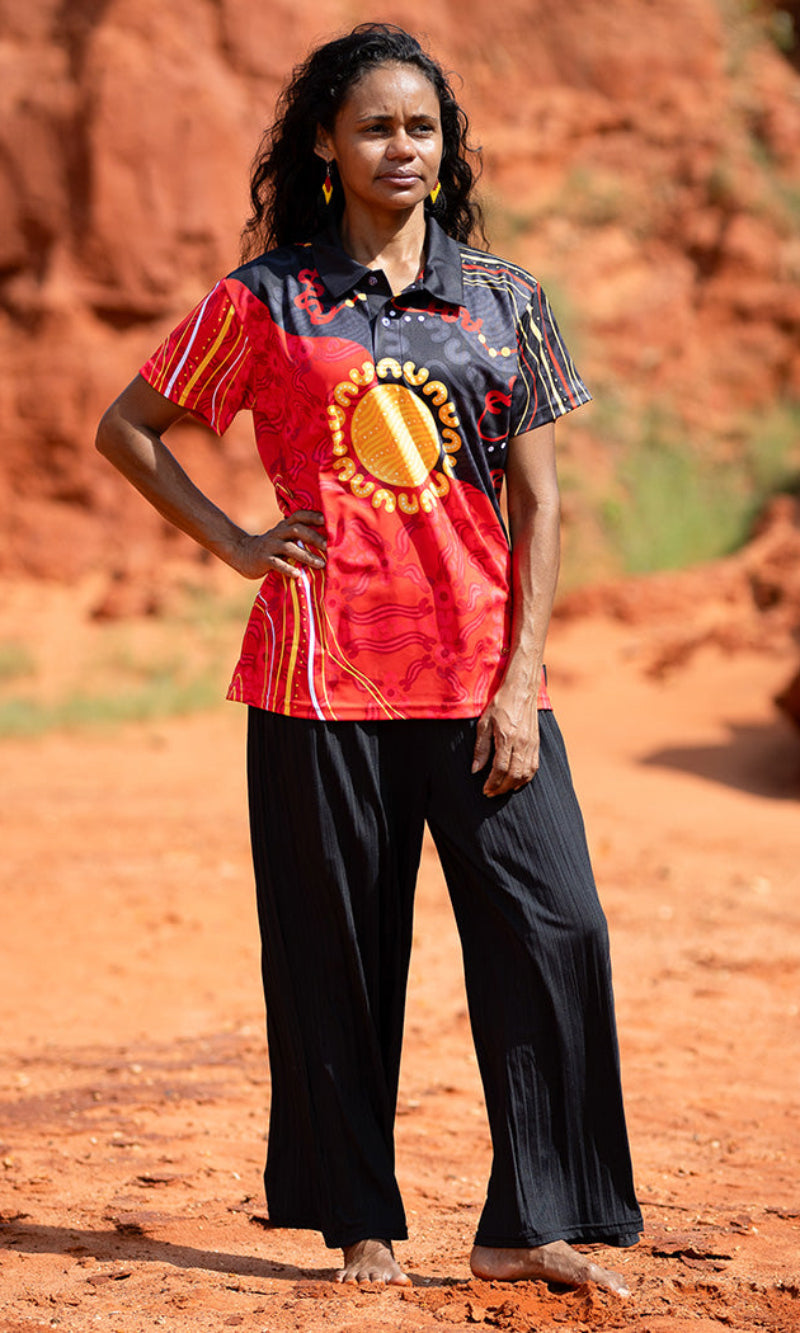 Aboriginal Art Ladies Fitted Polo Sun Soaked Aboriginal Flag