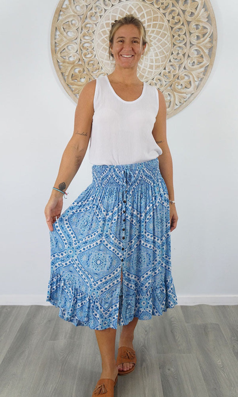 Rayon Skirt Tangelo Geo Crossover Blue