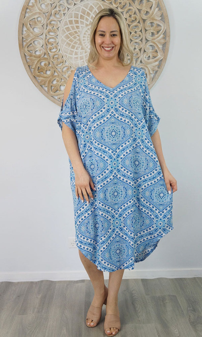 Rayon Dress Tea Tree Geo Crossover Blue