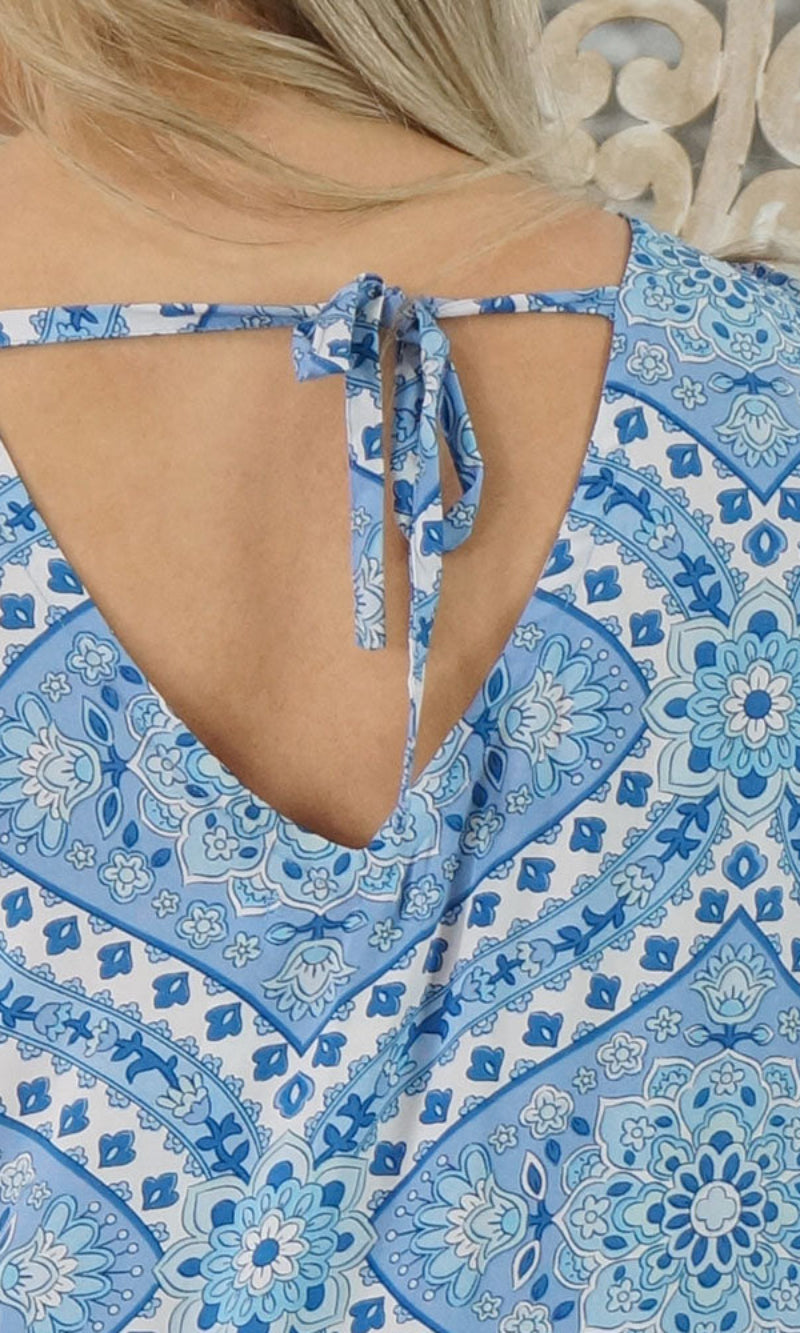 Rayon Dress Tea Tree Geo Crossover Blue