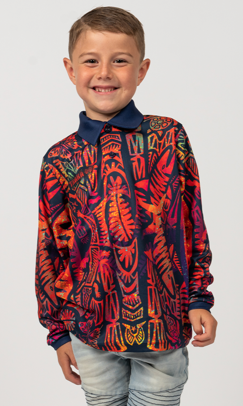 Aboriginal Art Kids Long Sleeve Polo TSI Neon