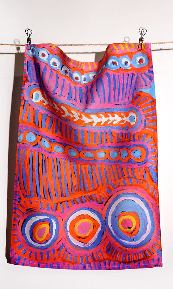 Aboriginal Art Cotton Tea Towel by Murdie Nampijinpa Morris