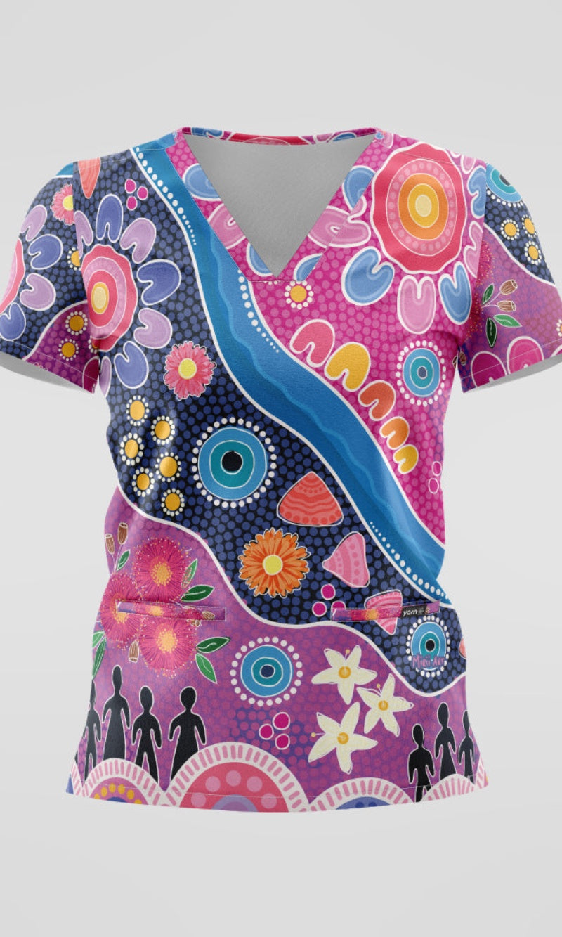 Aboriginal Art Ladies Three Pocket Scrub Thriving Together