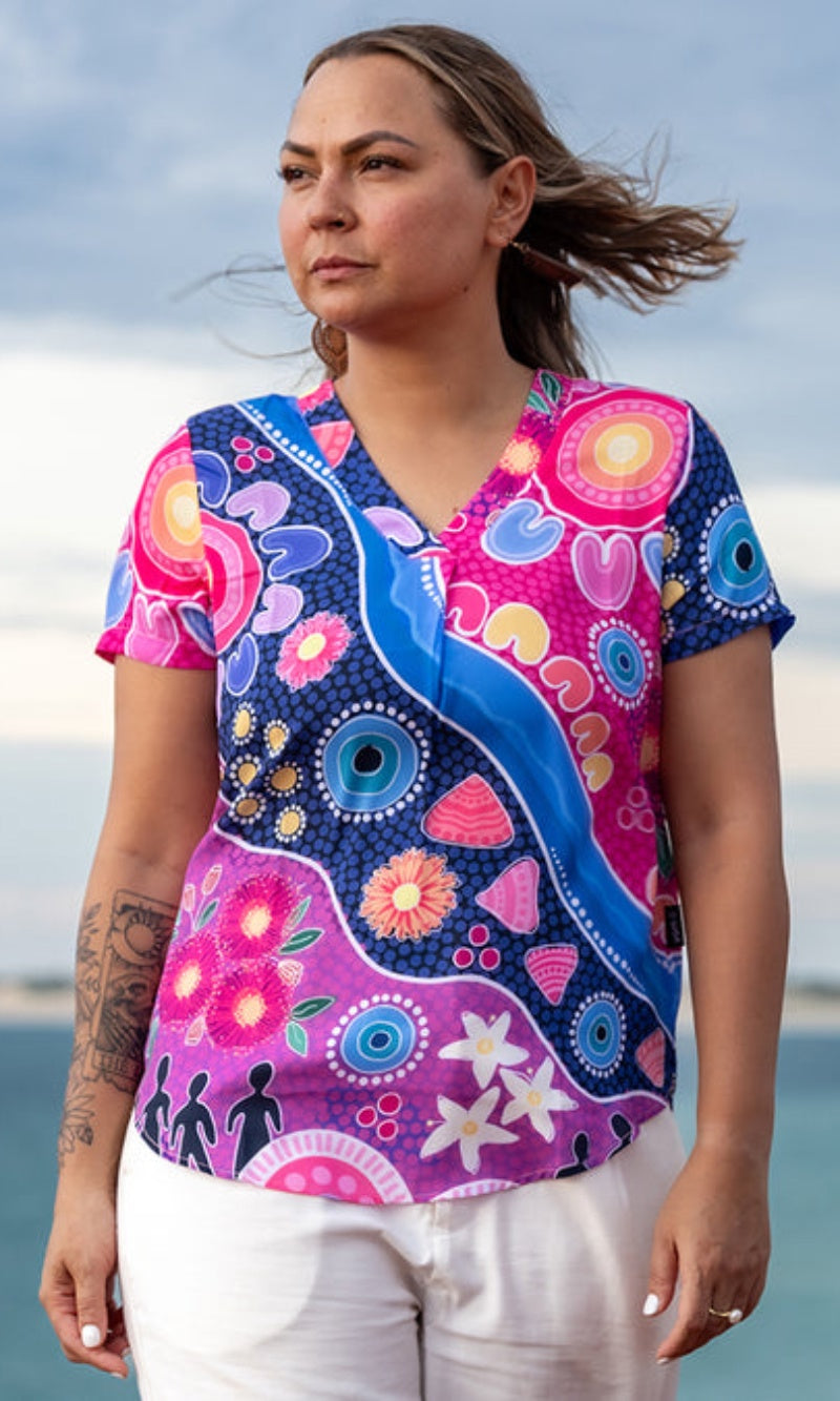 Aboriginal Art Women's V Neck Blouse Short Sleeve Thriving Together