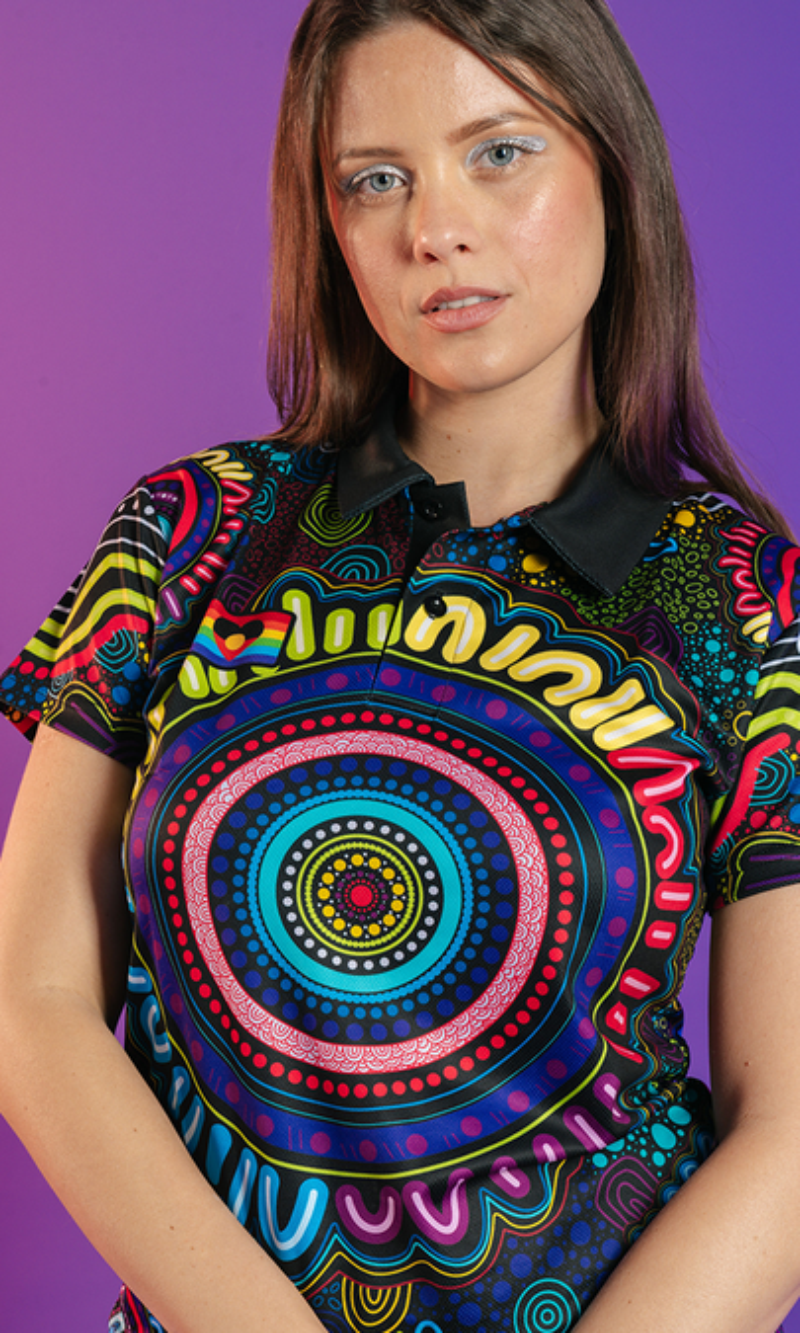 Aboriginal Art Ladies Fitted Polo Together - Pride Worn Proudly