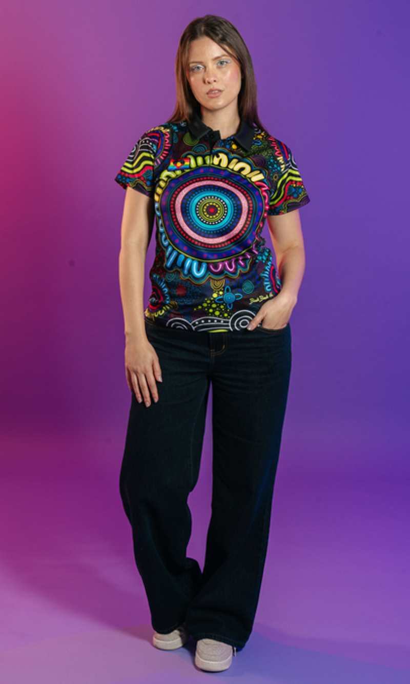 Aboriginal Art Ladies Fitted Polo Together - Pride Worn Proudly