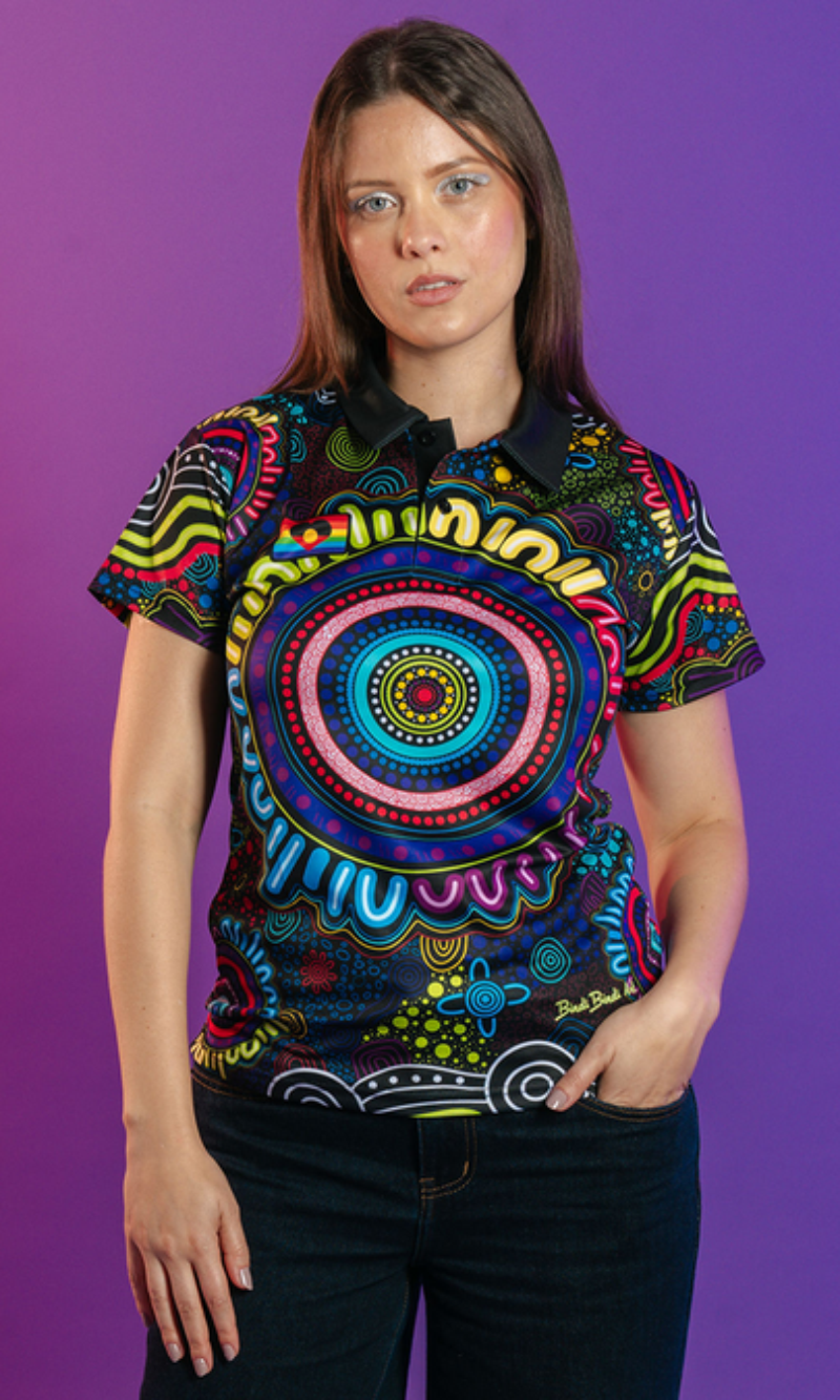 Aboriginal Art Ladies Fitted Polo Together - Pride Worn Proudly