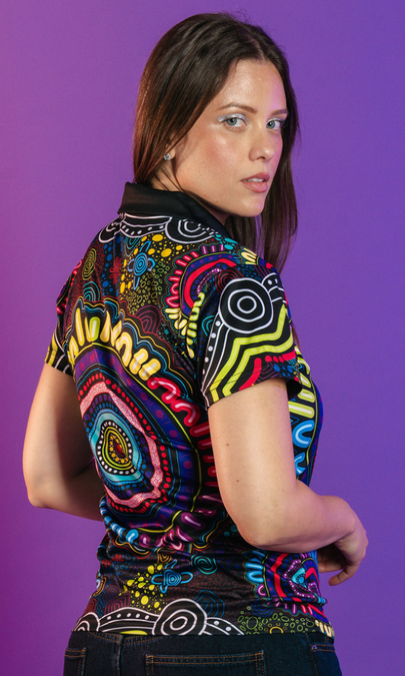 Aboriginal Art Ladies Fitted Polo Together - Pride Worn Proudly