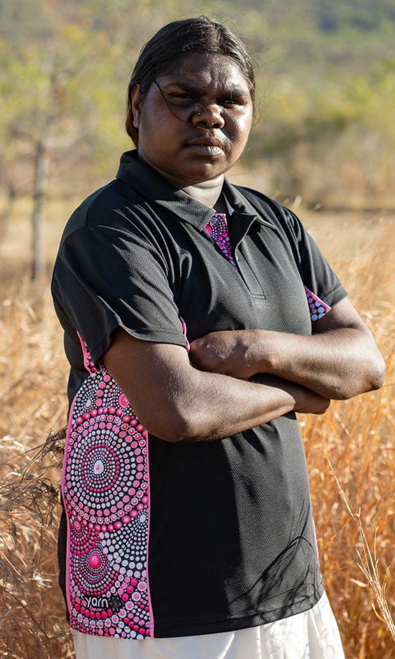 Aboriginal Art Ladies Fitted Bamboo (Simpson) Polo Tribes of Women