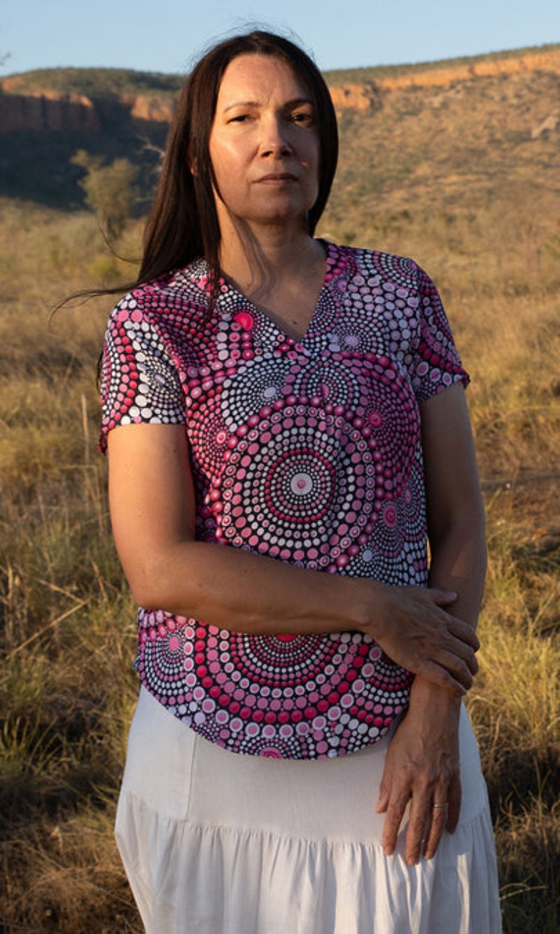 Aboriginal Art Women's V Neck Blouse Short Sleeve Tribe of Women