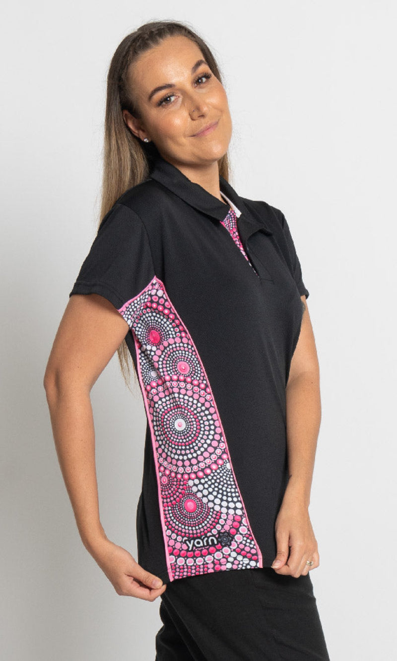 Aboriginal Art Ladies Fitted Bamboo (Simpson) Polo Tribes of Women
