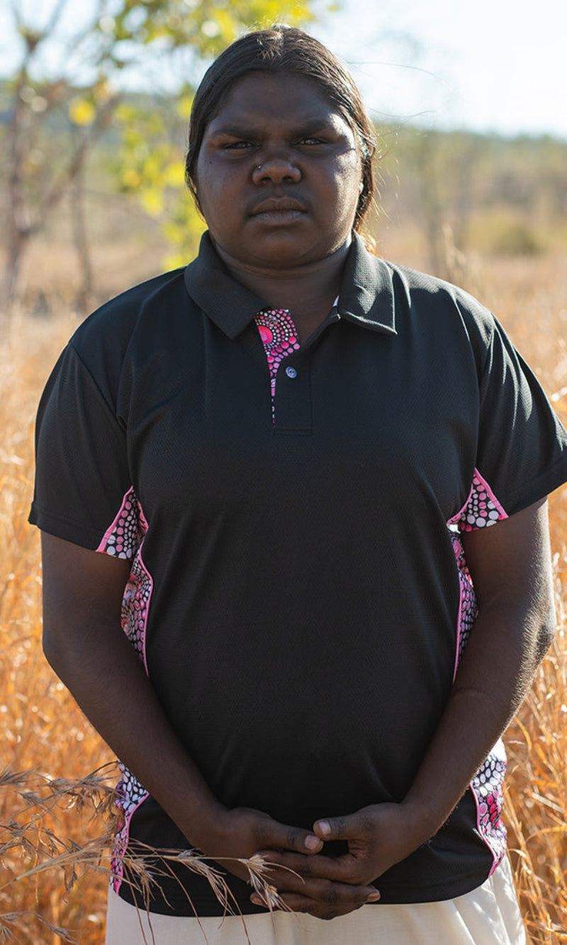 Aboriginal Art Ladies Fitted Bamboo (Simpson) Polo Tribes of Women