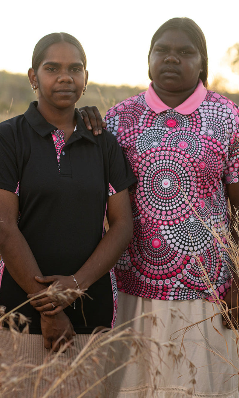 Aboriginal Art Ladies Fitted Bamboo (Simpson) Polo Tribes of Women