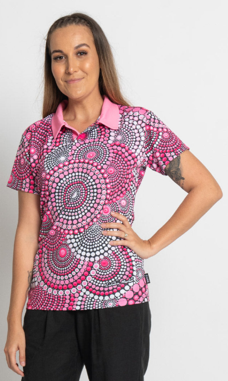 Aboriginal Art Ladies Fitted Polo Tribes of Women