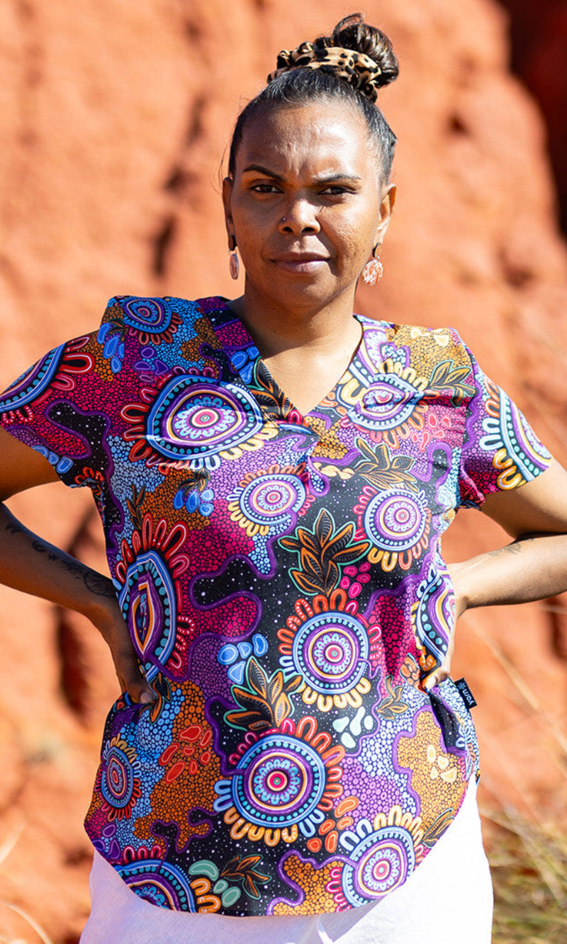 Aboriginal Art Women's V Neck Blouse Short Sleeve Celebration