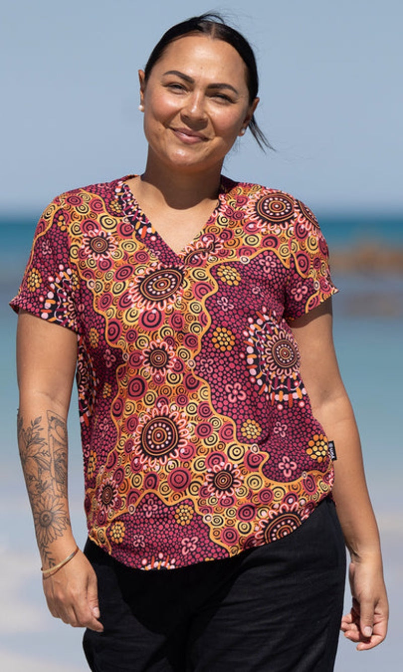 Aboriginal Art Women's V Neck Blouse Short Sleeve Yinaa