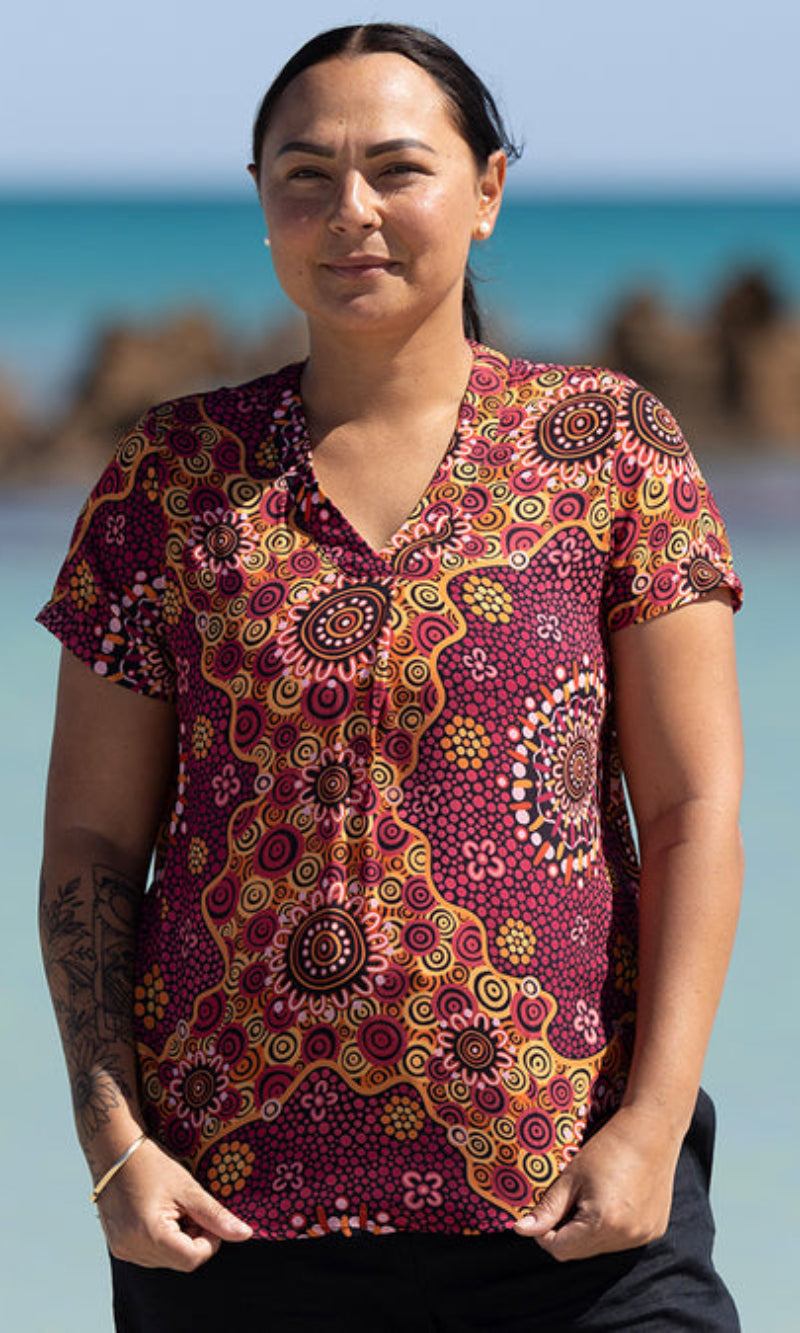 Aboriginal Art Women's V Neck Blouse Short Sleeve Yinaa