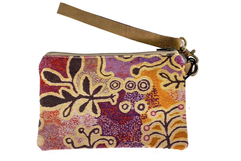 Aboriginal Art Canvas Pouch with Leather Strap by Paddy Stewart