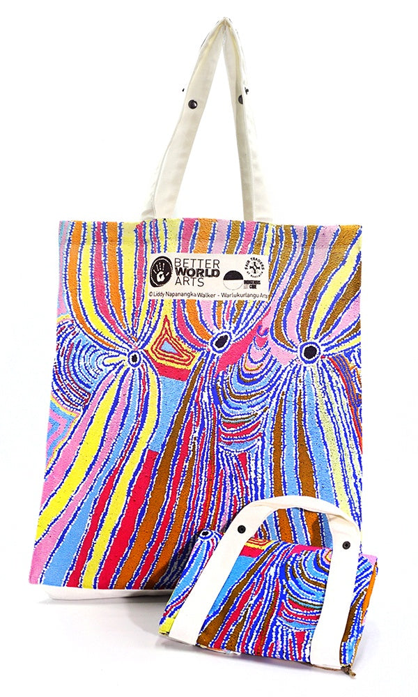 Aboriginal Art Cotton Foldable Shopping Bag by Liddy Napanangka Walker
