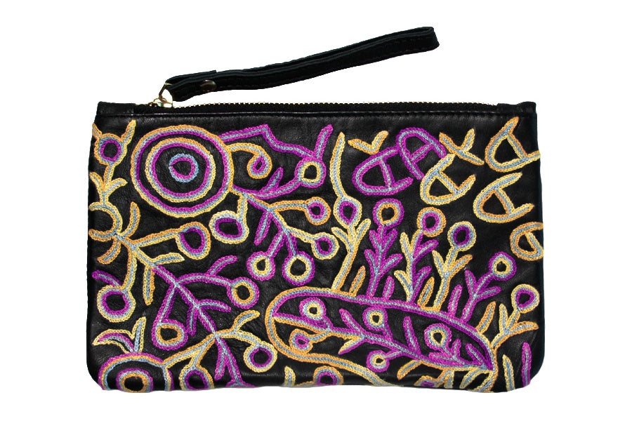Aboriginal Art Embroidered Leather Clutch with Wrist Strap by Theo Nangala Hudson