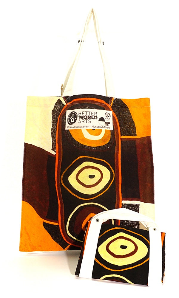 Aboriginal Art Cotton Foldable Shopping Bag by Nina Puruntatameri
