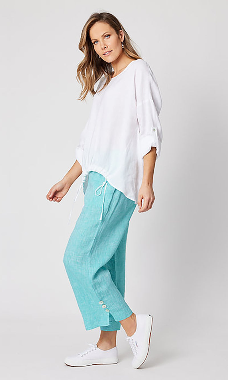 Linen Top Tab Sleeve Angled Hem, More Colours