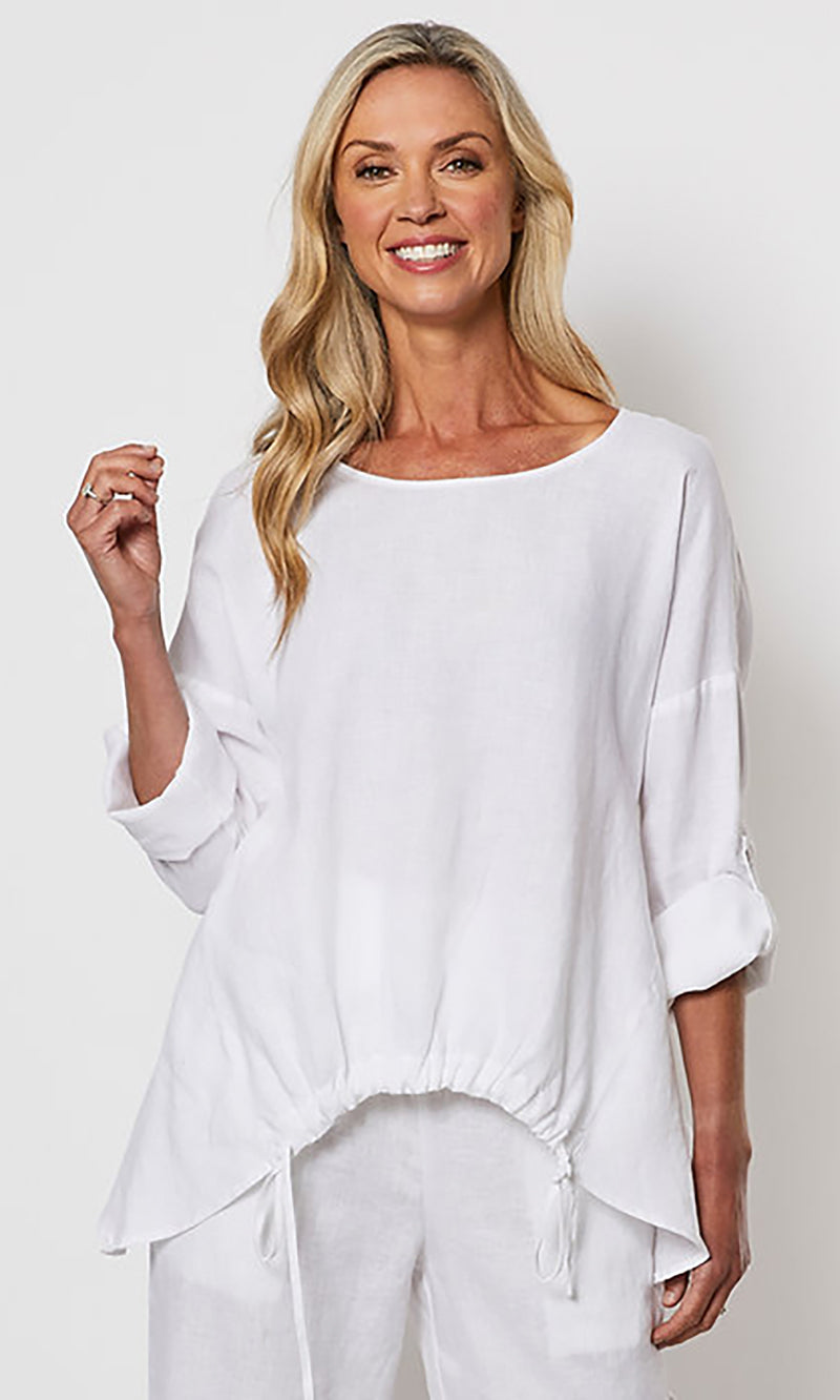 Linen Top Tab Sleeve Angled Hem, More Colours