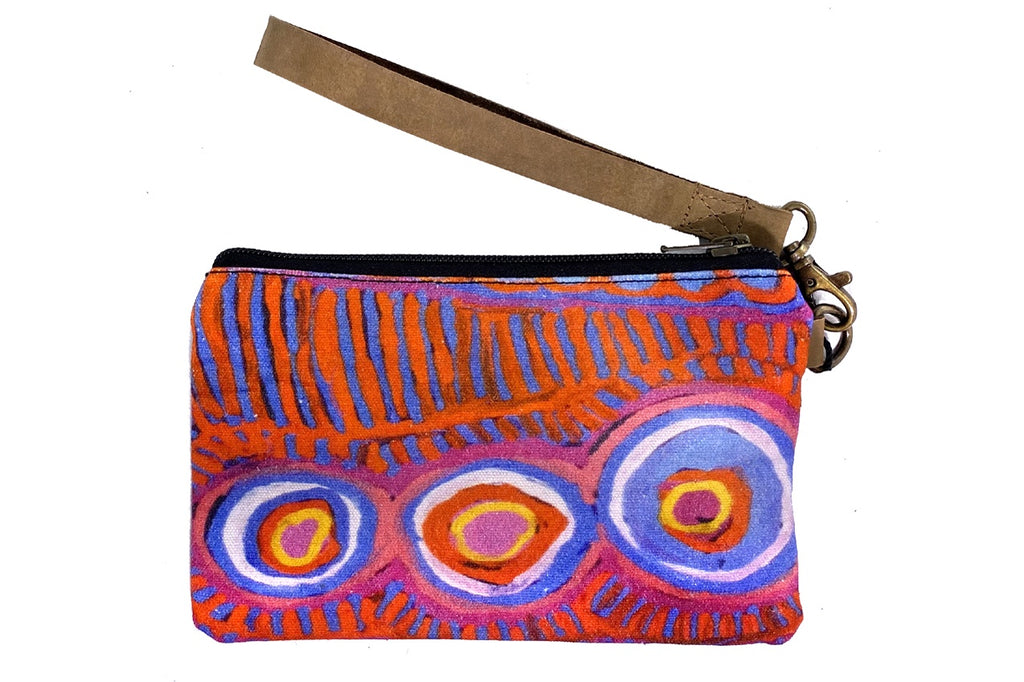 Aboriginal Art Canvas Pouch with Leather Strap by Murdie Nampijinpa Morris (2)