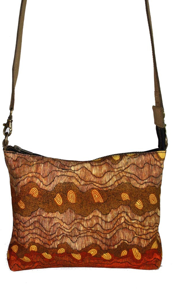 Aboriginal Art Cross Body Bag leather Trimmed by Damien & Yilpi Marks
