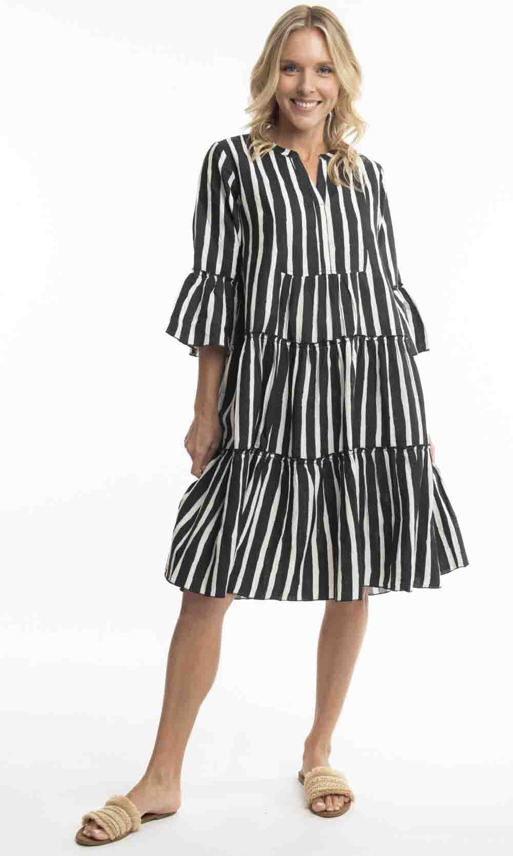 Pure Linen Dress Frill Stripe, More Colours