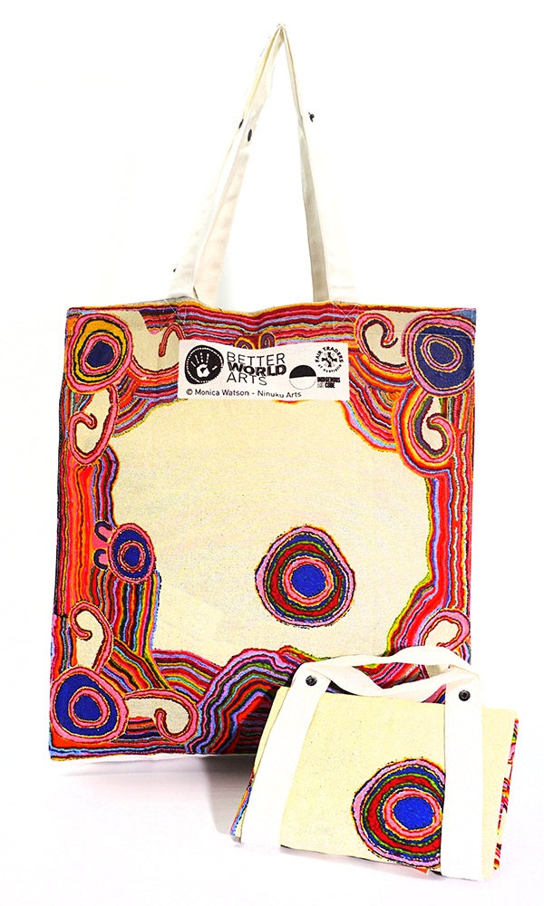 Aboriginal Art Cotton Foldable Shopping Bag by Monica Watson