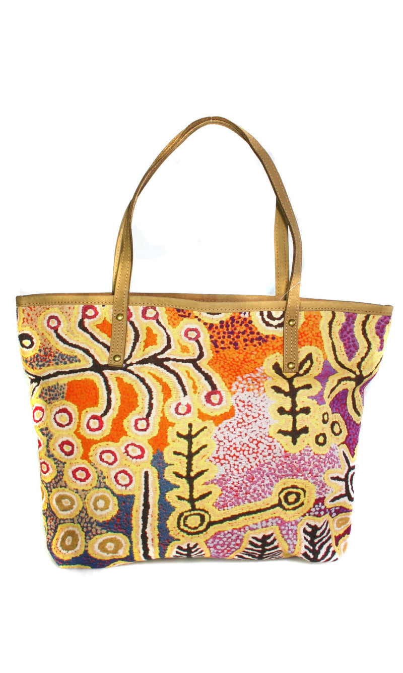 Aboriginal Art Tote Bag Leather Trimmed by Paddy Stewart