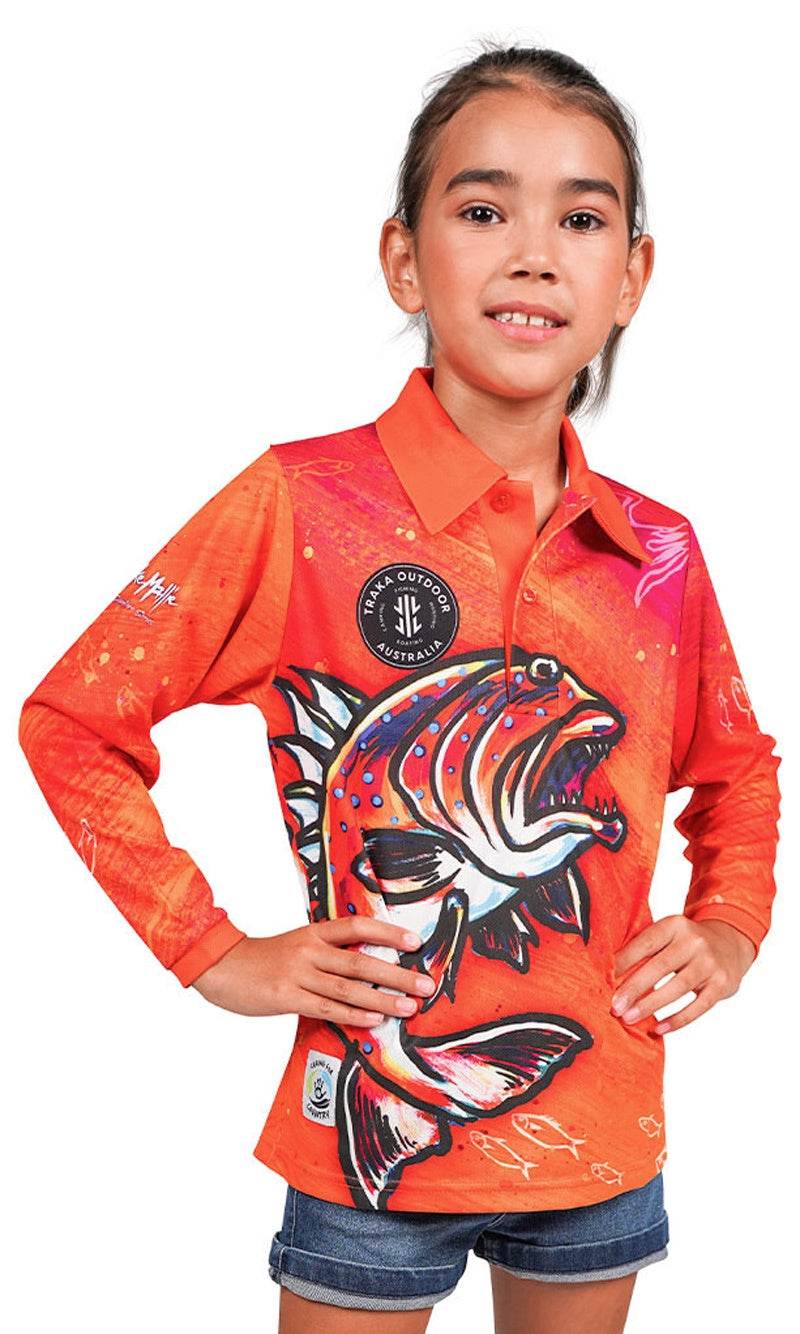 Aboriginal Art Kids Unisex Long Sleeve Polo Coral Trout Dreams Bright