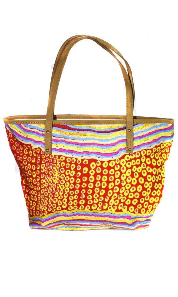 Aboriginal Art Tote Bag Leather Trimmed by Rama Sampson