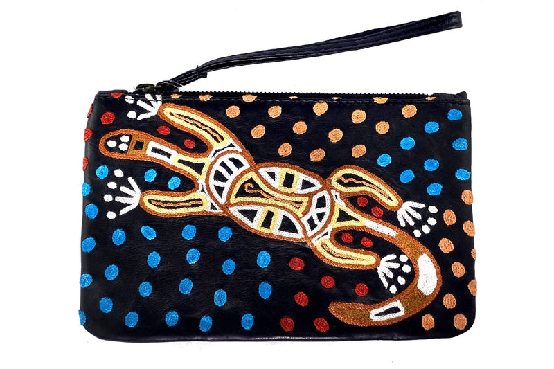 Aboriginal Art Embroidered Leather Clutch with Wrist Strap by Willie Ngungutjara Wilson
